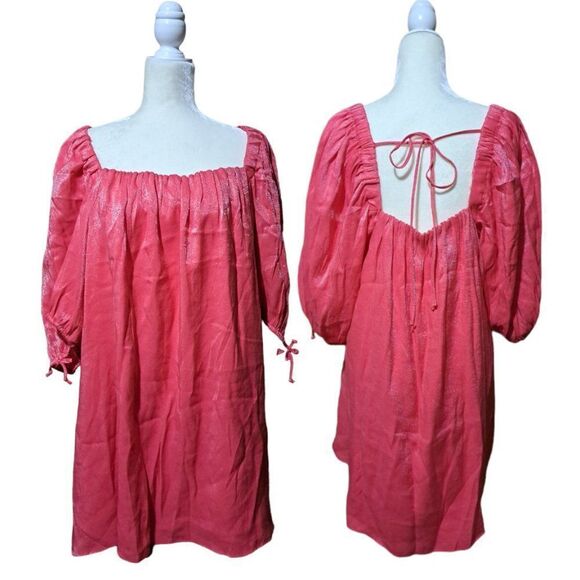 Free People Mara Mini Dress Women's Shimmering Boho Tunic Pink Balloon Sleeves M - Picture 2 of 9